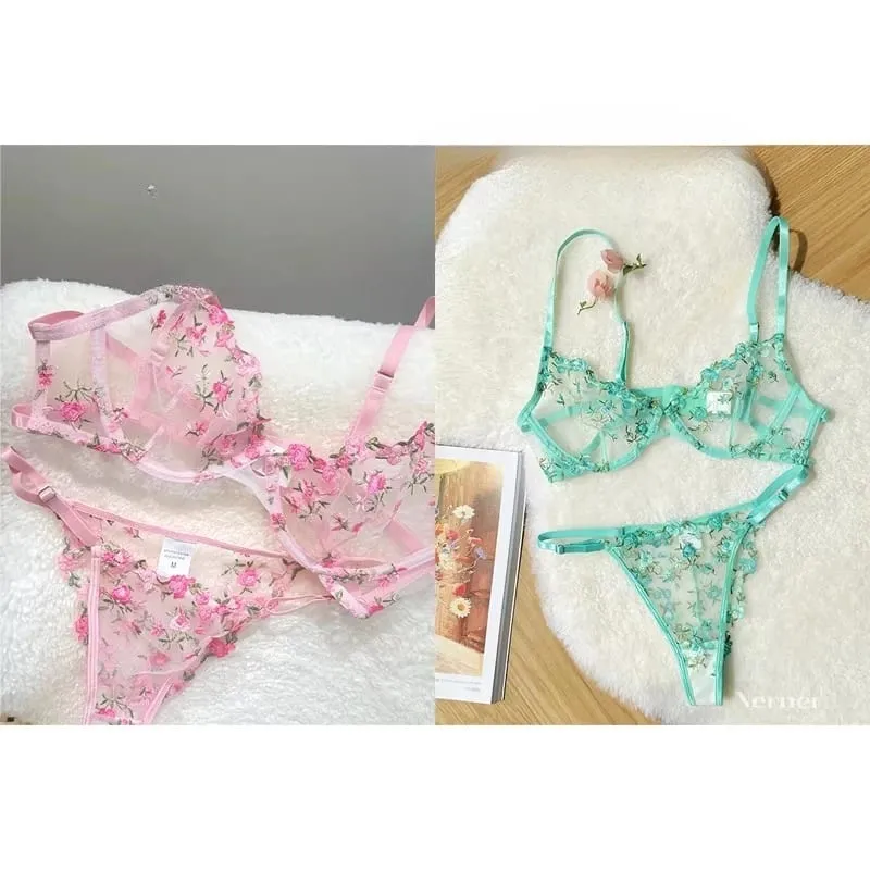 Korean Hot Lace Bra Set Floral Embroidery Transparent Mesh Ultra Thin Big Bust Modest Summer Ladies Daily Wear Underwear 32-38