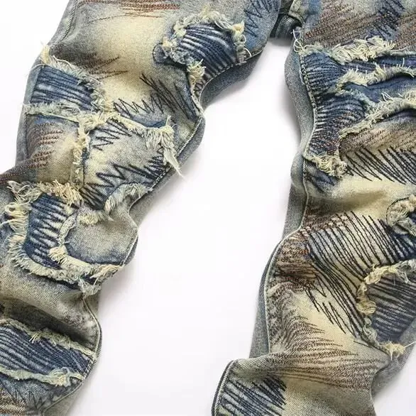 American High Street Worn Out And Tear Damaged Men's Jeans Destroyed Holes Stretch Skinny & Slim Ripped Jeans