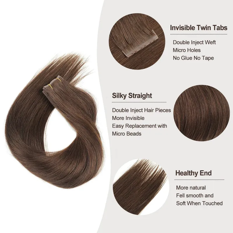 Butterfly Weft Hair Extensions Human Hair Glue-Free Double Invisible Weft with Micro Beads Natural Volume and Length 12-24Inches