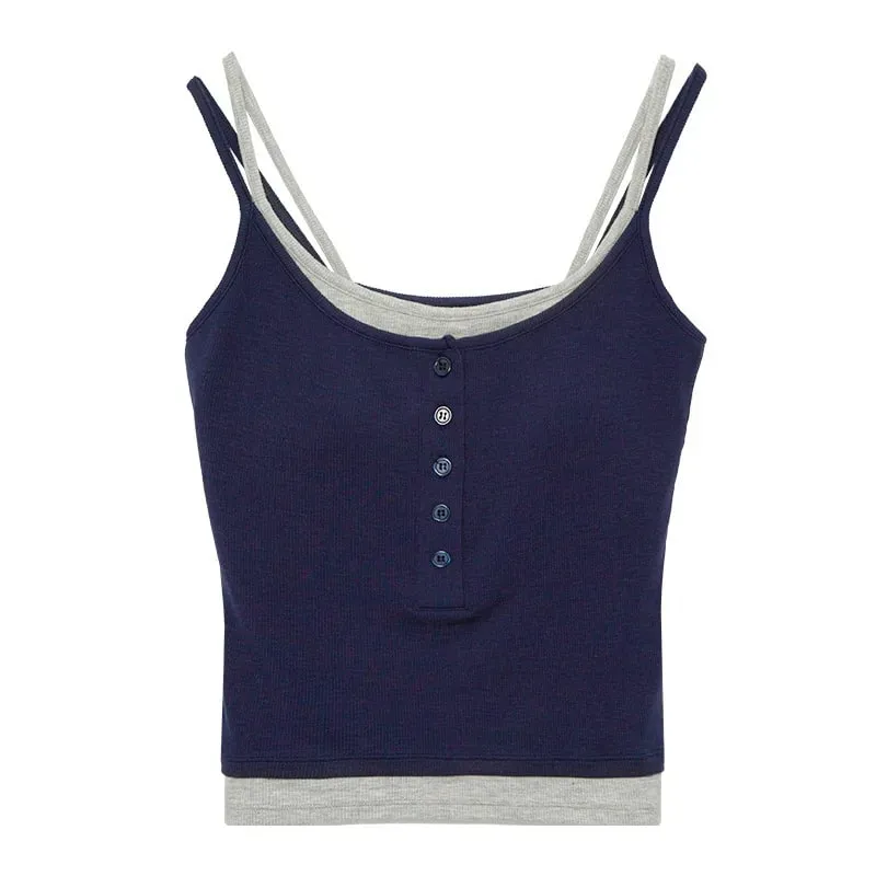 Spicy Girl Fake Two-piece Color Blocking Tank Top with Chest Pad Summer Spaghetti Strap Square Neck Button Casual Slim Fit Camis