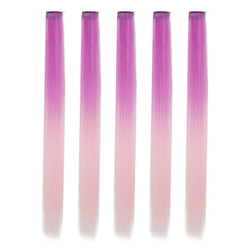 Extensions de cheveux synthétiques à clips, postiches colorées à reflets de fête pour filles, cheveux lisses multicolores de 18 pouces, 5 pièces/ensemble