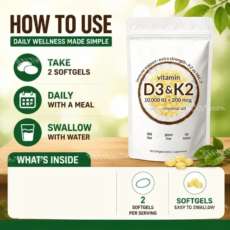 Vitamin D3 K2 Softgels with MK-7 and Coconut Oil 10 000 IU + 200 Mcg Adult Bone and Immune Wellness Support 180 Mini Softgels