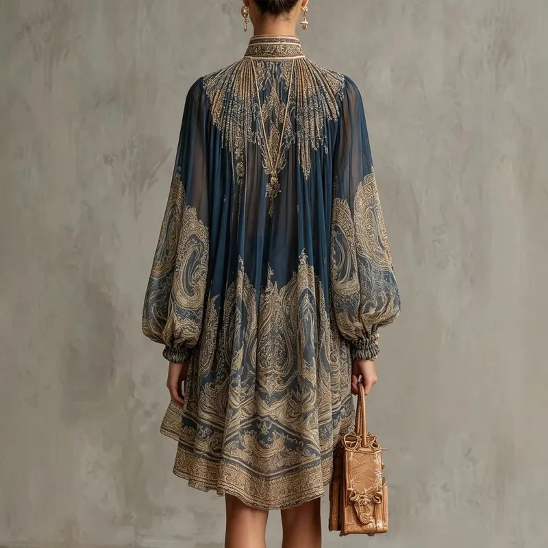 New European-style High-neck Printed Chiffon Dress with Loose Casual Vacation-themed Shawl Sleeves.