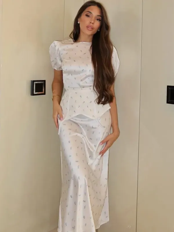 Women's White Floral Print Puff Sleeve Dress With Waistband Fashion Satin Ruffled Hem Maxi Dresses Lady 2026 Elegant Party Robe