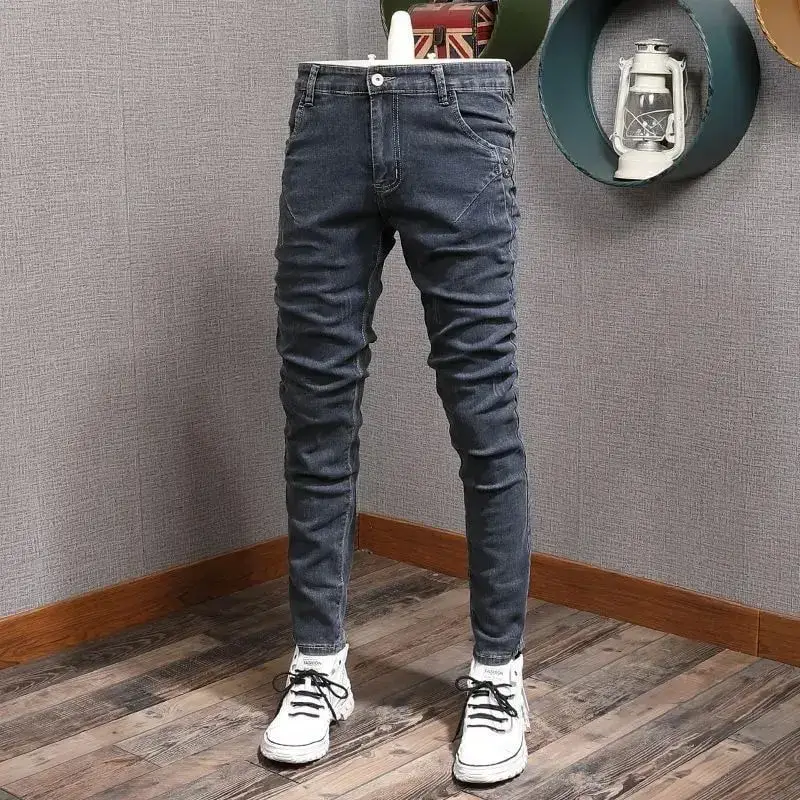 Fashion Designer Men Jeans Retro Gray Stretch Slim Ripped Jeans Panlalaking Elastic Pantalon Vintage Casual Denim Pencil Pantalon Hombre — image 12