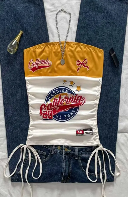Women's Casual Retro Drawstring Front Cut Vest Suitable for Y2K and Guitar Prints in Spring and Summer