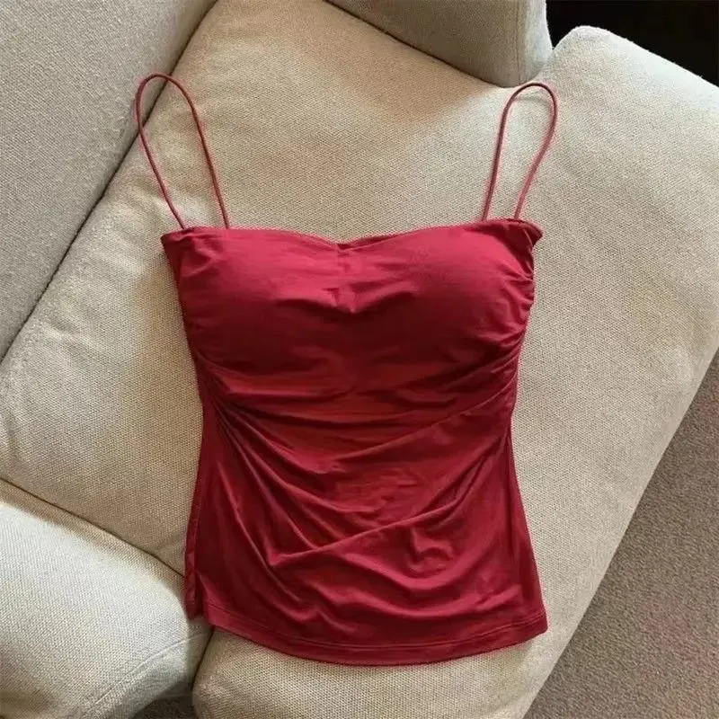 Women With Built In Bra Spaghetti Strap Tanks Summer Camis Tank Casual Tops For Woman Solid Color Female Korean Style