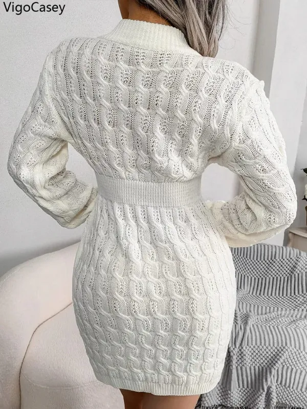 VigoCasey 2026 Autumn Winter Casual Knit Dress Women Solid Long Sleeve Short Dress Lady White O Neck Bodycon Knitted Dresses
