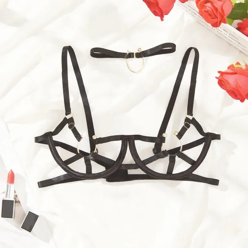 Ensemble de Lingerie noire pour femmes, soutien-gorge ajouré, culotte, décoration d'anneau en métal, sous-vêtements transparents Sexy, ensemble d'uniforme exotique pour filles