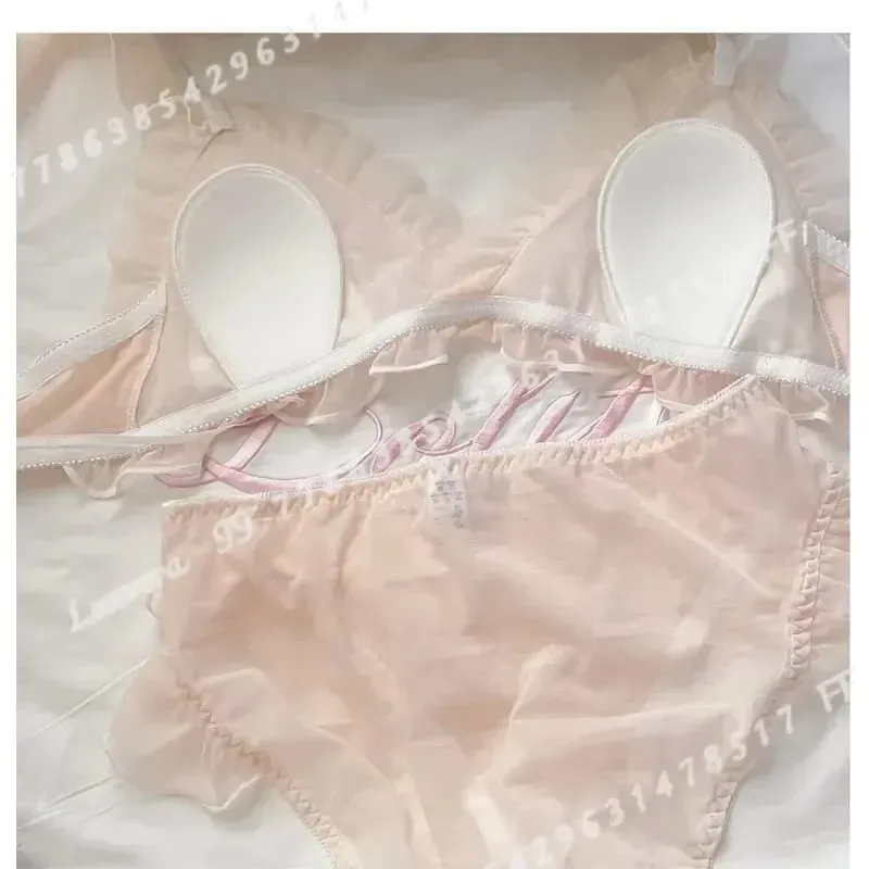 Lolita Style Thin Lace Triangle Cup Bra Set for Women Cute Small Bust Sexy Lingerie Underwear