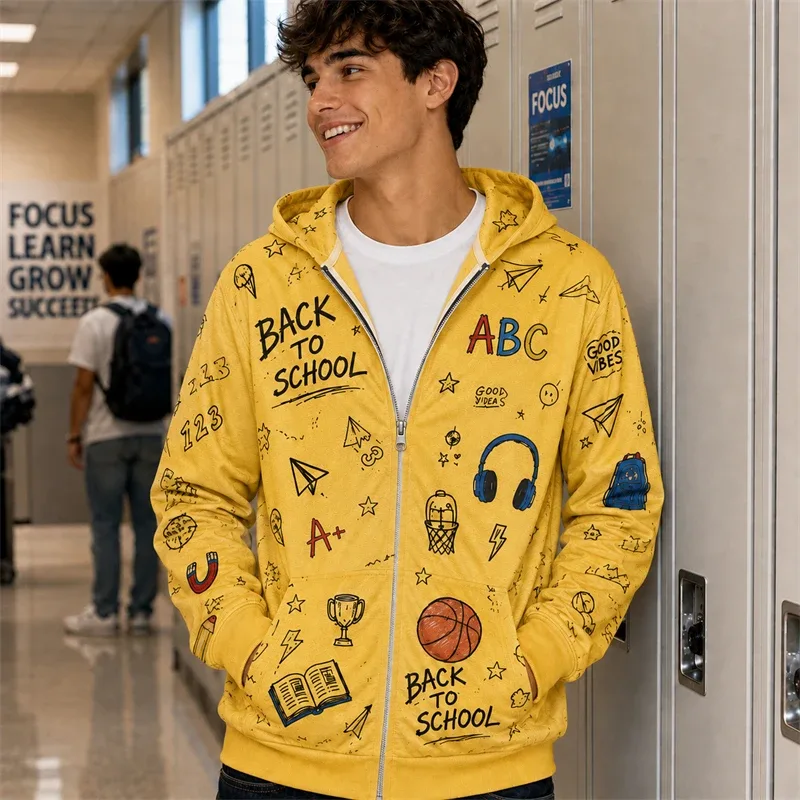 Zip Hoodie Men Back To School 3d Print A+ Graphic Basketball Book Pattern Hoodie New Y2k Gift Casual Street Hooded Sweatshirt