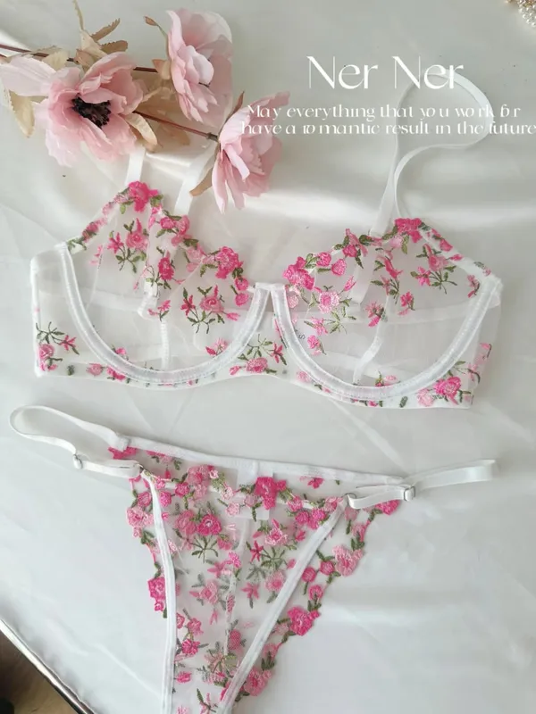Transparent Floral Lace Embroidery Bra Set Summer Thin Minimizer Underwear Soft Breathable Full Bust Female Home Daily Wear S-XL