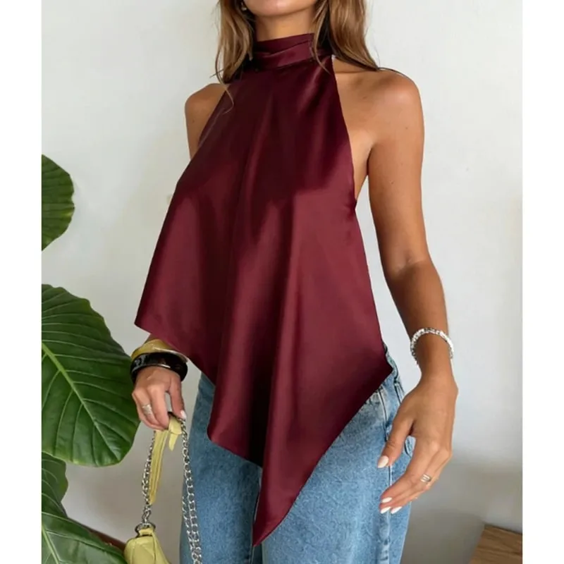 Combhasaki Women Y2k Lace-up Choker Halter Neck Satin Silk Vest High Low Asymmetrical Hem Camis Yesk Silky Backless Layering Top