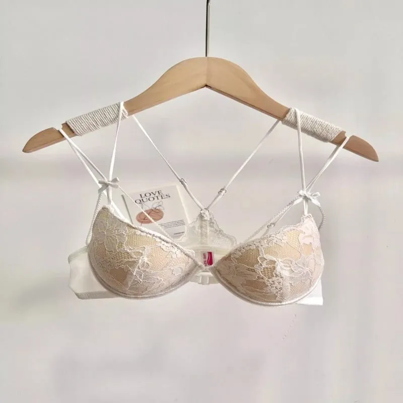 Ladies Front Fastening Lace Lingerie Set Wirefree Push Up Bra Thinly Lined Delicate Straps Comfort Sexy Everyday Underwear Set