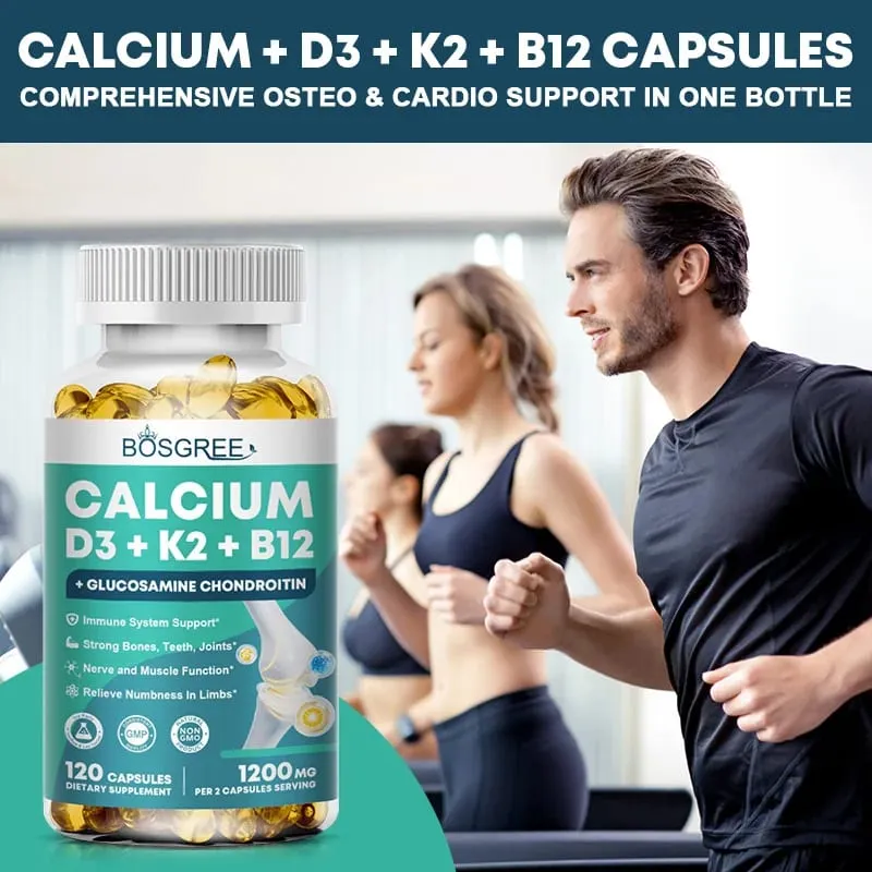 Calcium D3+K2+B12 Capsules-Immune and Muscle Health Support-Promote Bone and Tooth Health Replenish Joints-D3 K2 Supplements