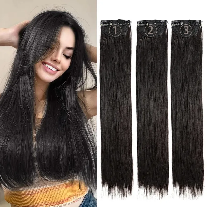 3PCS Thick Light brown Long Straight Set 24inch Synthetic Clip in Hair Extensions for Women