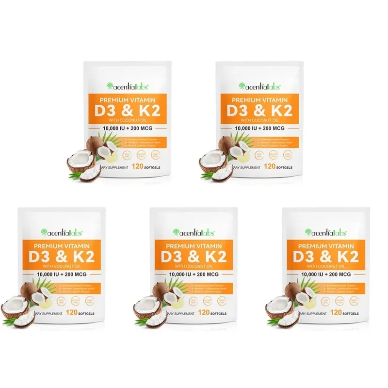 AcentiaLabs Vitamin D3 & K2 Softgels with Coconut Oil Immune Function and Bone Support Gluten Free Non-GMO 120 Softgels