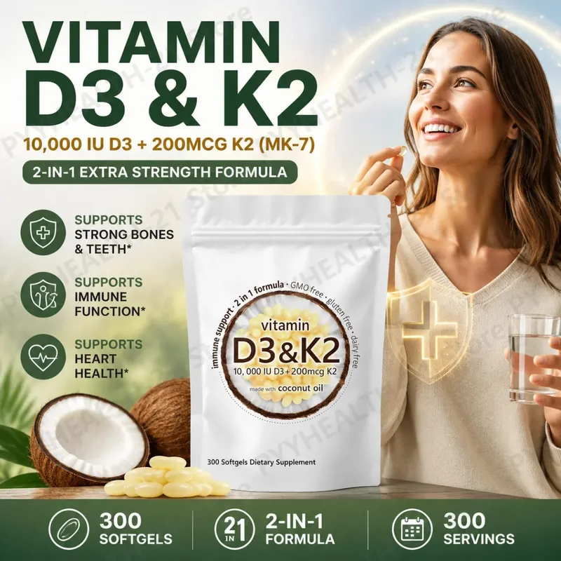 Vitamin D3 10000 IU K2 MK-7 200 mcg Softgels with Coconut Oil 2 in 1 Supports Strong Bones Immune Function Heart Health 300 Ct