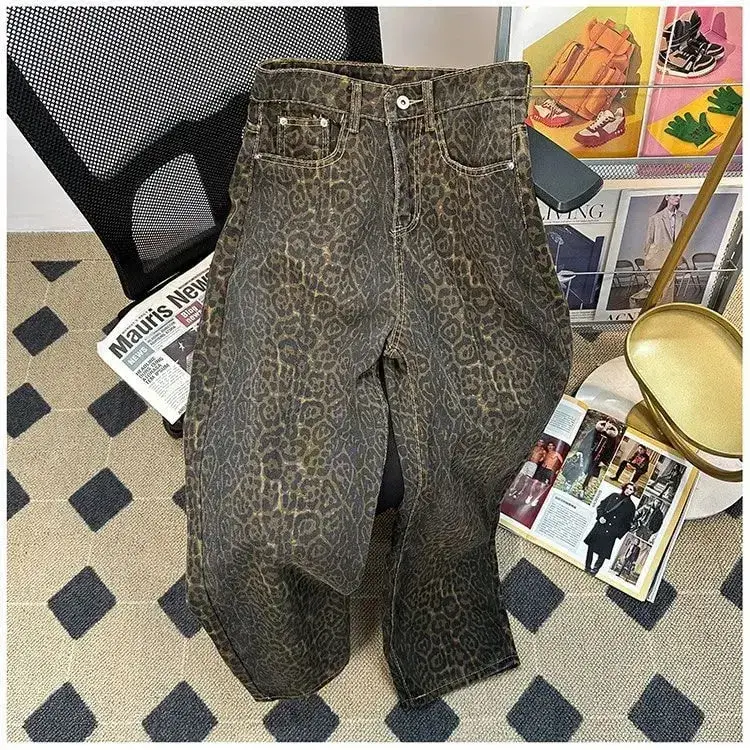 American Vintage High Street Men's Leopard Casual Trendy Loose Wide Leg Straight Denim Trousers Male Simple Basic Jeans Pants