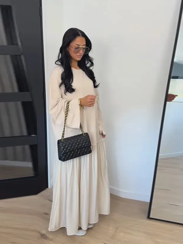Solid Color Loose Fit Flare Sleeve Tiered Dress Crew Neck Ruffle Hem Pleated Long Maxi Dresses 2026 Spring Chic Casual Outwear