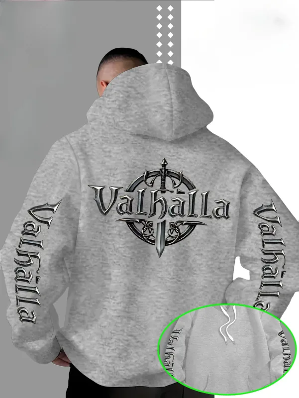 Street Style Loose Viking Valhalla Sword-Shaped Logo Printed Hooded Sweatshirt for Men, Suitable for Autumn and Winter.