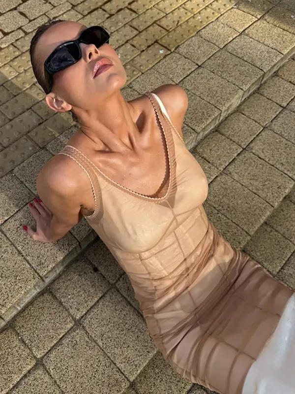 Sheer Mesh Overlay Spaghetti Strap Midi Dress Waist Cinched Sleeveless 2026 Summer Women Accessories Trendy Classy Lady Outfits