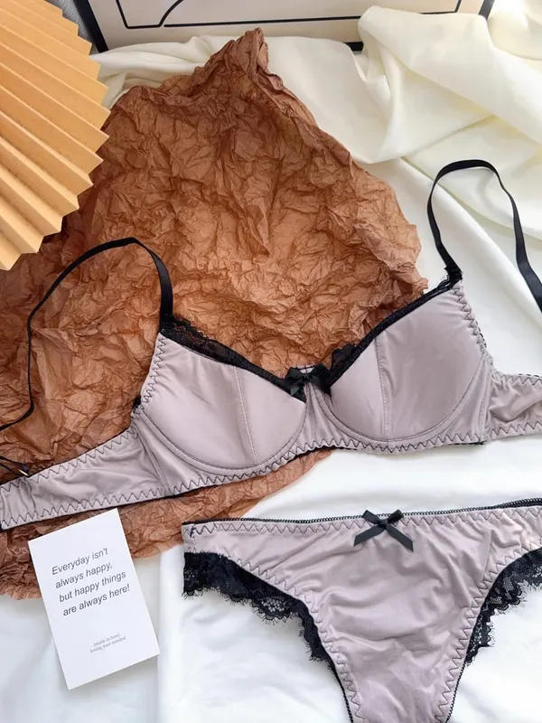 Satin Lace Lingerie Set for Women Push Up Bra & Briefs with Rabbit Ears Sensual Underwear