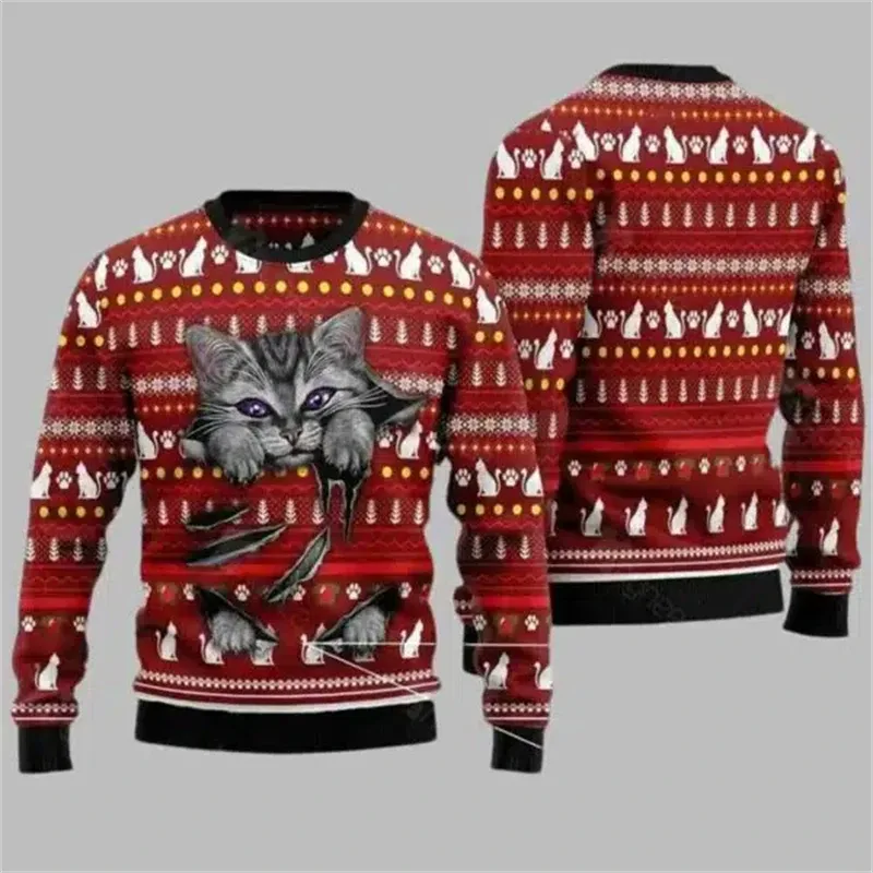 2025 Funny Cat Pattern Ugly Christmas Sweater For Men Fashion Autumn Crewneck 3D Printed Sweatshirt Loose Streetwear Pullovers