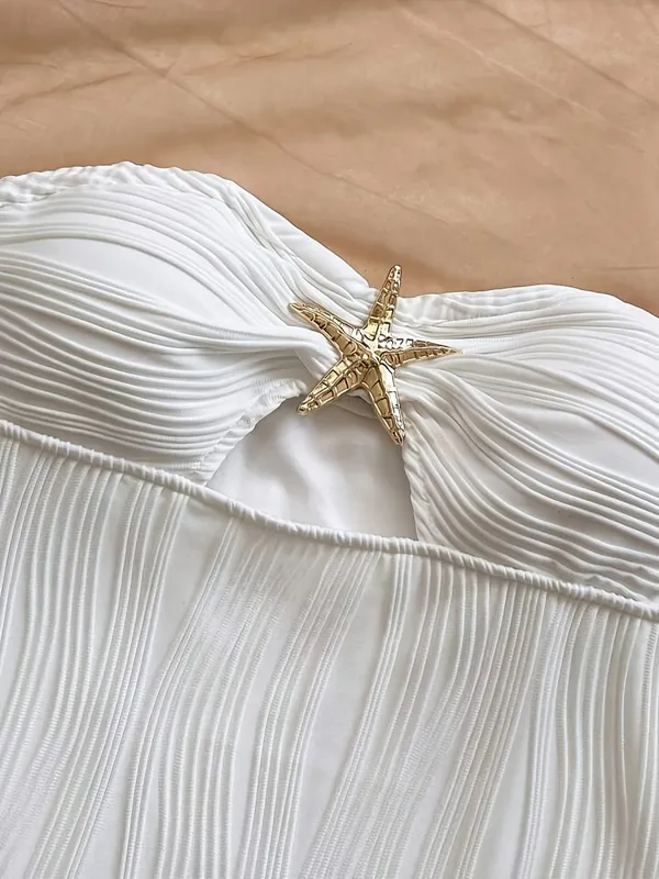 Pambabaeng Summer Sexy Party Date Beach Dress Texture Hollow out Mini Skirt na may Metal Starfish Dekorasyon Nilagyan At Kaakit-akit Wh