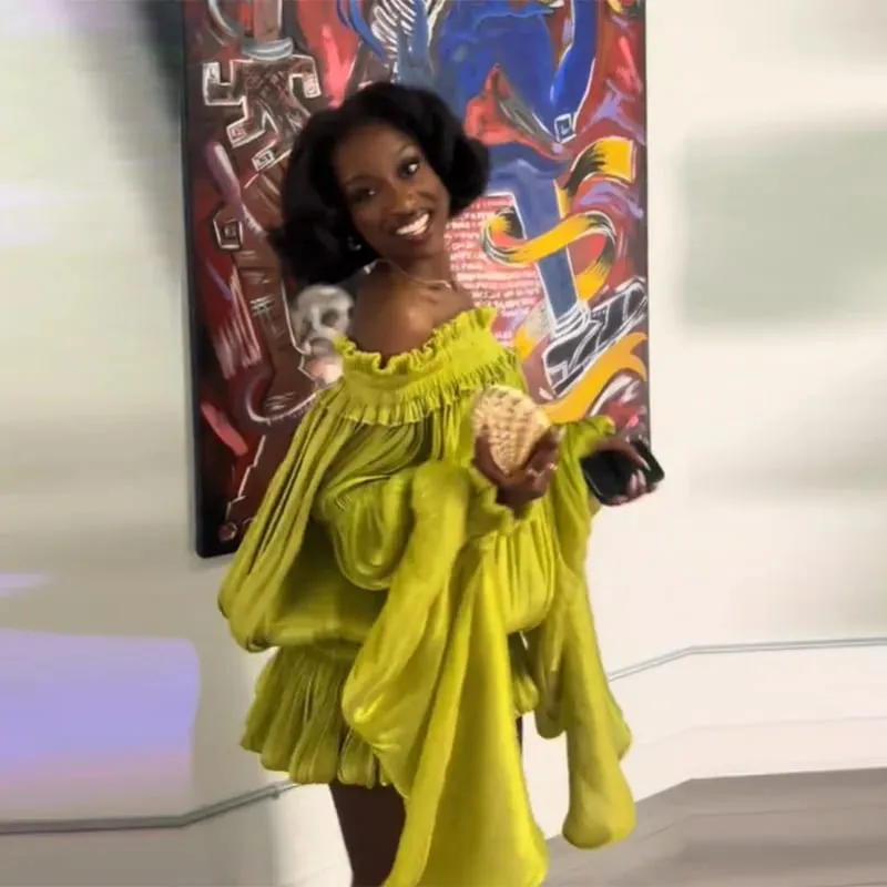 Chic Lime Green Off Shoulder Mini Dress Oversized Flare Sleeve Shiny Smocked Waist Bubble Hem Skirt Sexy Party Date Wear New — image 5