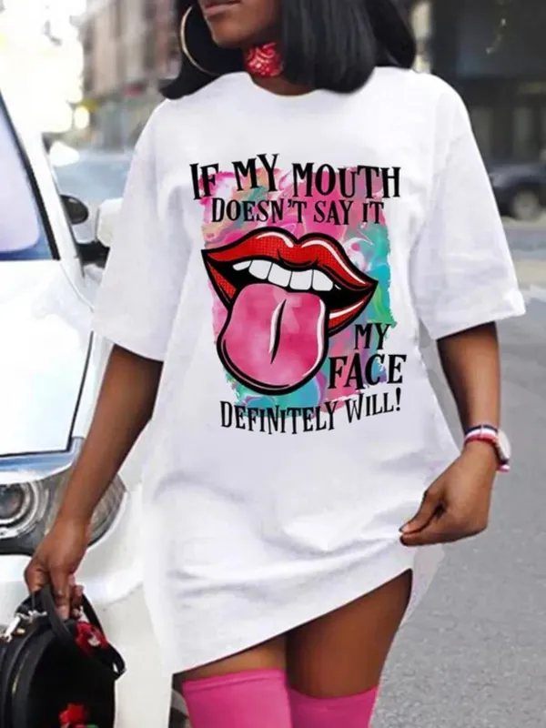 Women's summer casual fashion loose plus size letter lip print pattern printed short sleeved summer T-shirt dress