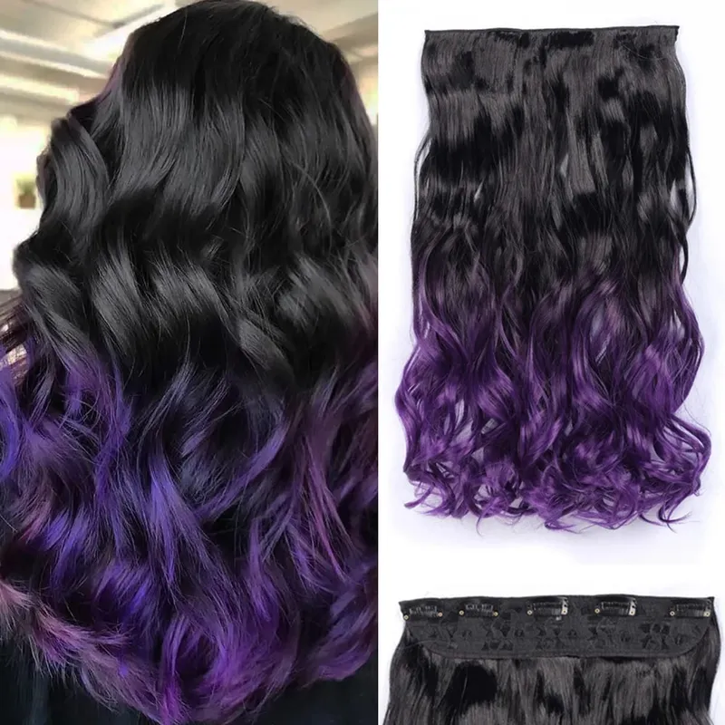 24-calowe Ombre Dip Dye Długie kręcone doczepiane włosy Dwukolorowe grube syntetyczne treski na całą głowę (od czarnego do ciemnoczerwonego)