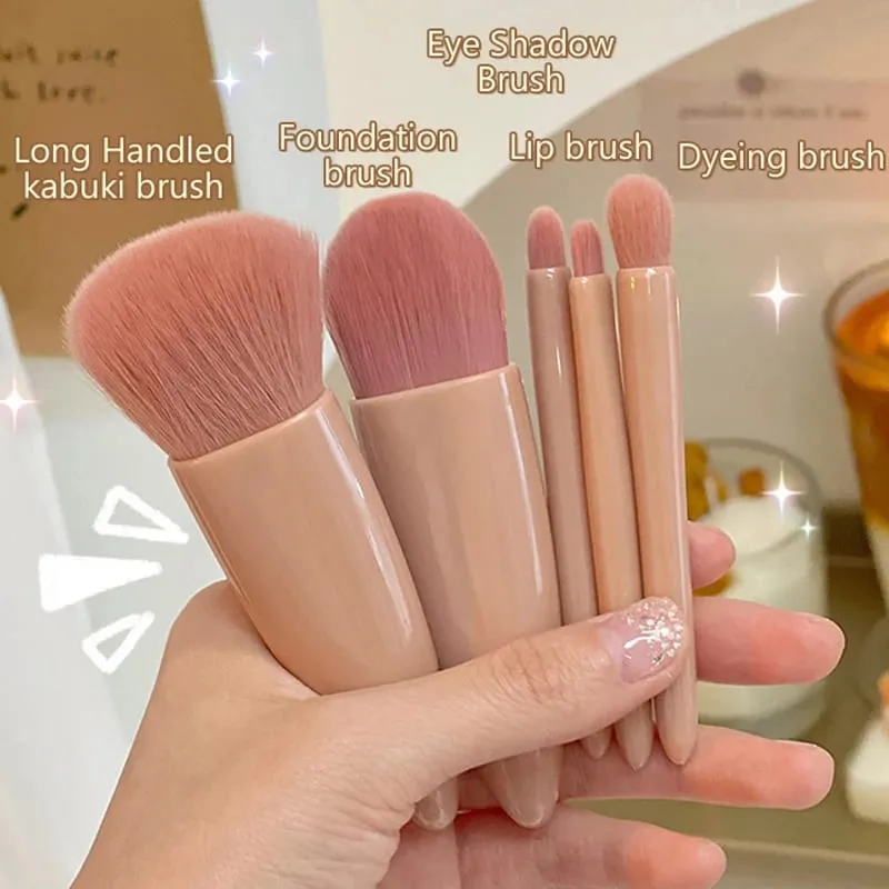 【B】5Pcs Makeup Brushes Set Mini Makeup Brushes Small Complete Function Cosmetic Brushes Kit With Case And Mirror