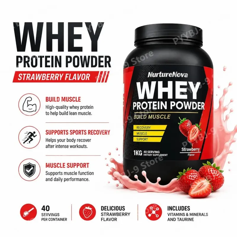 NurtureNova Whey Protein Powder Strawberry Flavor Nutrition for Muscle Building Sports Recovery Fitness Training 1KG 40 Servings