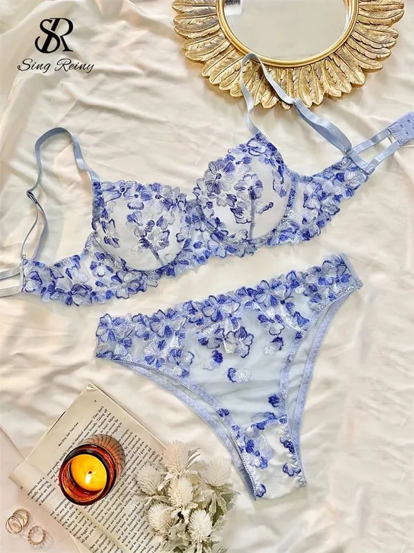 Διχτυωτό Sheer Εσώρουχα Δύο Κοστούμια Γαλλικά Floral Seusual Σετ Εσωρούχων Γυναικεία Κέντημα Σέξι Σετ σουτιέν και σλιπ