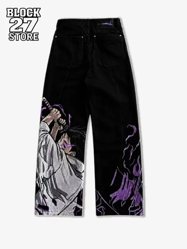 Jeans pour hommes broderie lourde Streetwear pantalon en jean Harajuku unisexe coupe ample jambe large Anime jambe droite noir décontracté mode — image 2