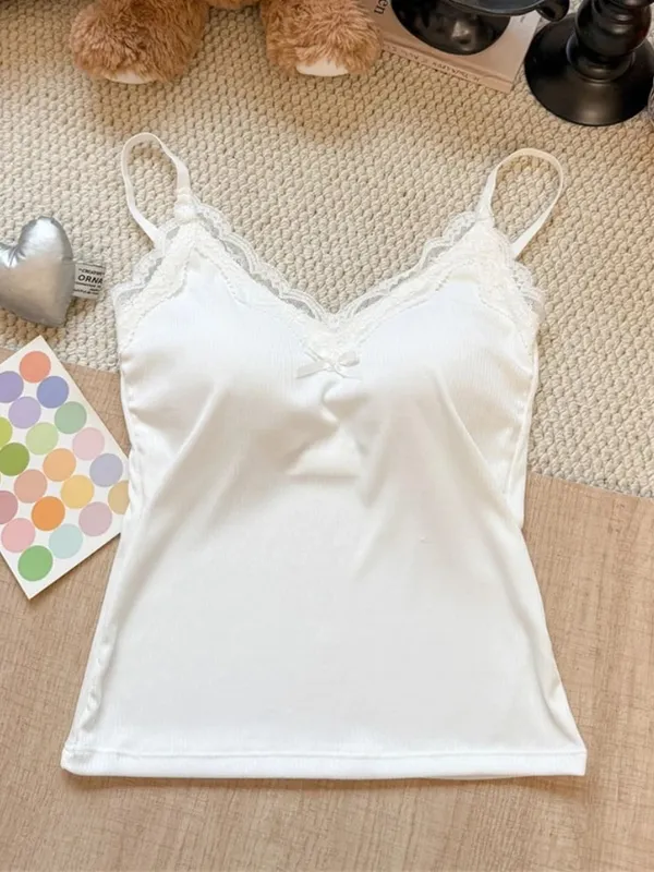 Spaghetti Strap Camis 2026 Summer Lace Ribbed Women Tank Top With Built In Bra Pads Slim Fit Crop Top For Inner & Outer Wear