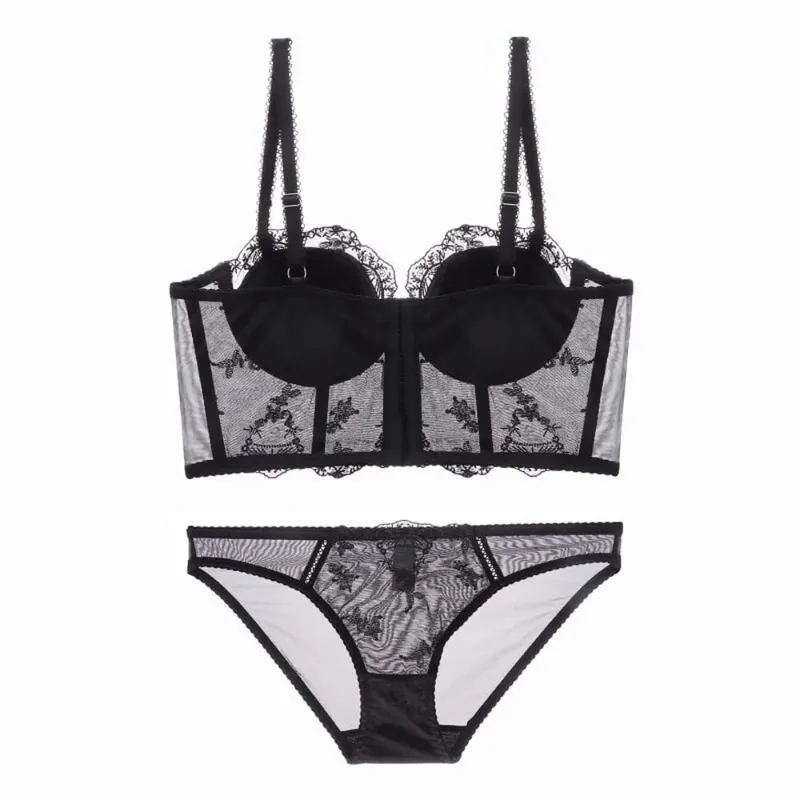 French Fishbone Corset Top Women Lace Lingerie Set Outer Wear Bra Thin Push‑Up Less Bust Side Support Underwear 32‑38