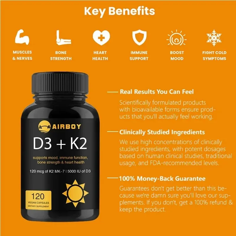 Vitamin D3+K2 Capsules - For Regulate Calcium Metabolism Promote Bone Heart and Immunity System Health