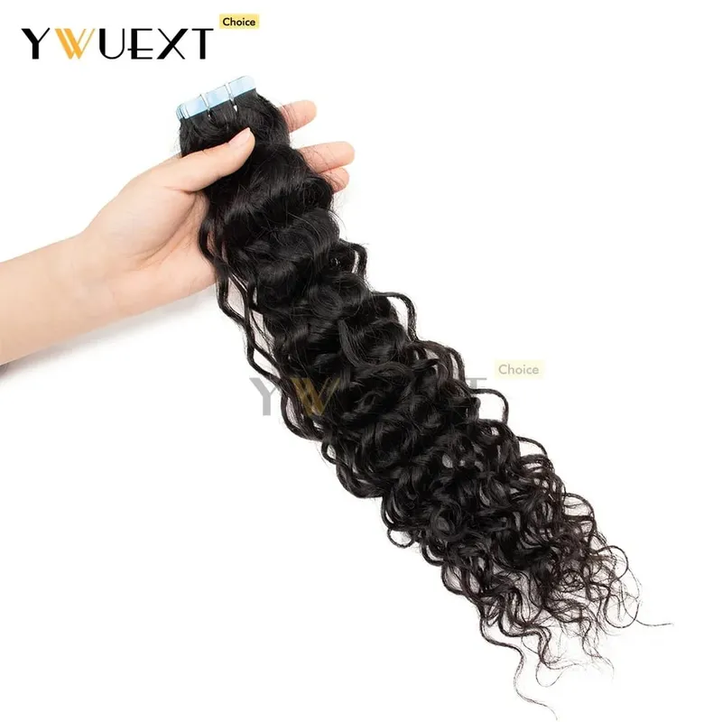 Water Wave Tape In Hair Extensions Human Hair Natural Black Color 1B# for Women 20pcs/pack Thick End Hair Extensions