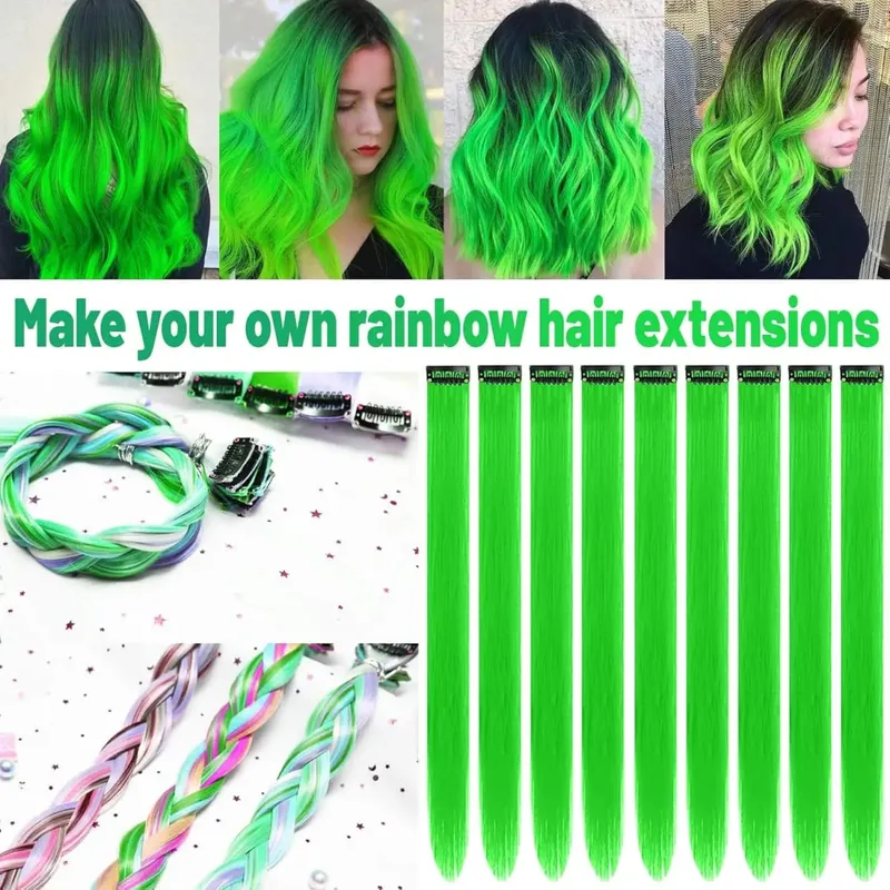 12 PCS Green Hair Extensions Clip in Colored Party Highlights Extension for Kids Girls Synthetic Hairpiece Straight 22 inch