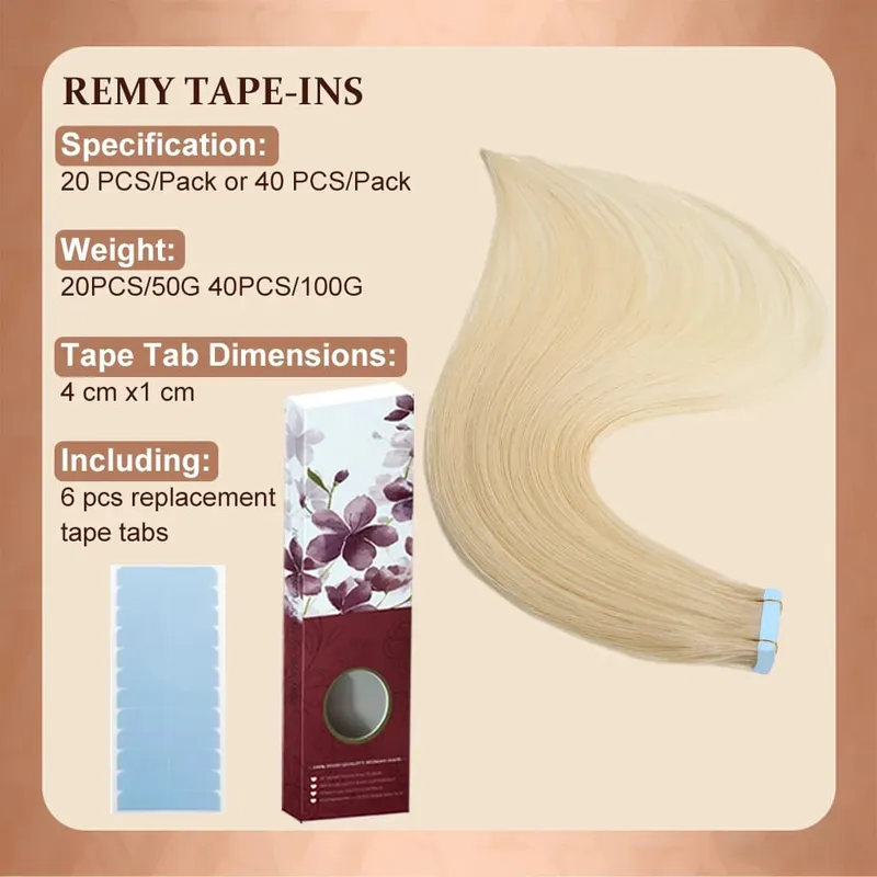 Cinta rubia en extensiones de cabello Cabello humano Platino #60 Cinta de trama de piel recta sin costuras en extensiones de cabello humano real 50G