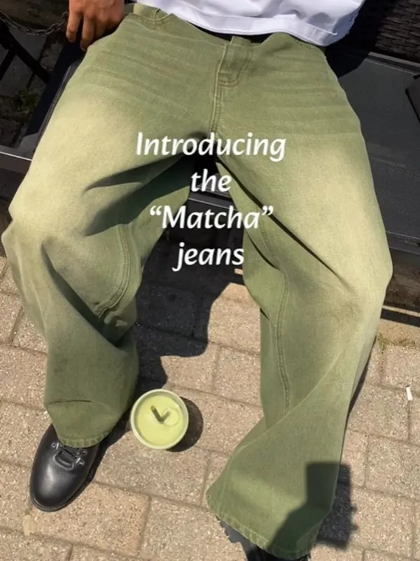 Nam Chân Thẳng Ống Rộng Áo Dạo Phố Quần Jean Thời Trang Xanh Matcha Rửa Sạch Gradien Quần Denim Bông Tai Kẹp Unisex Dáng Rộng
