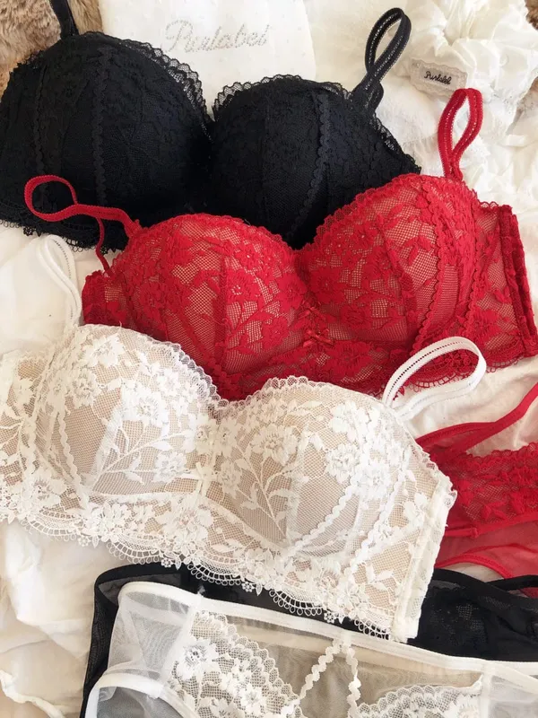 Sexy Lace Flowers Embroidery Underwear Set for Women Comfort Thicken Cup Push Up Bra Detachable Strap Top Bralette Lingerie Sets
