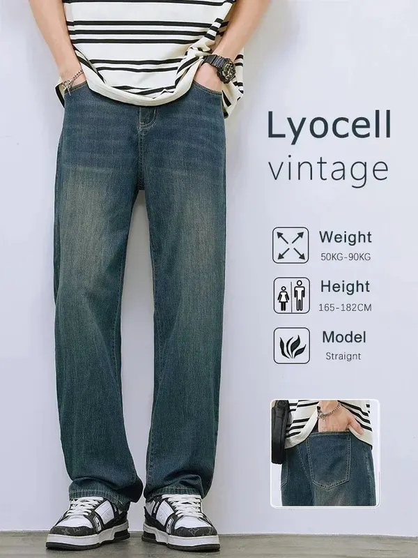 Men's Straight Fit Vintage Jeans Casual High-Quality Korean Fashion Denim Trousers Male Brand Trousers Four Season Trousers