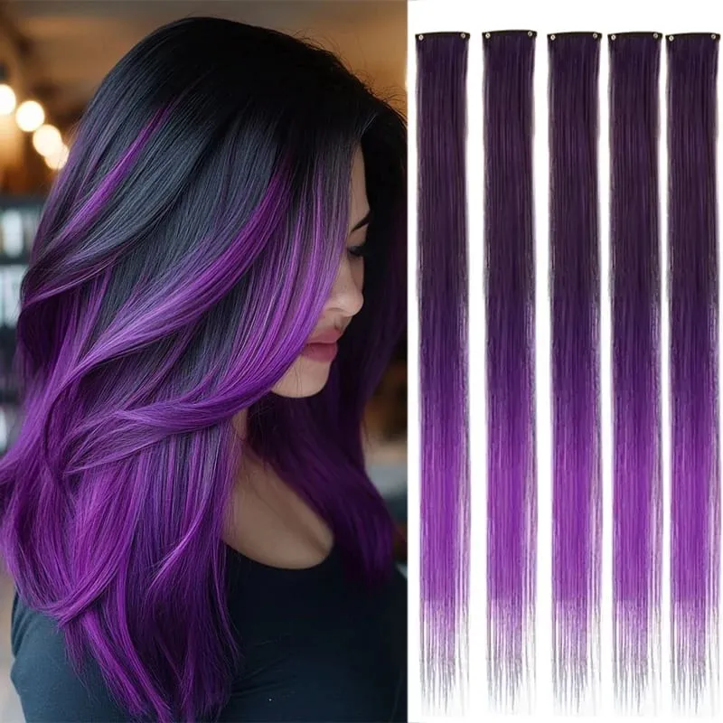 5 Pieces of Colorful Hair Clips 24 Inch Long Straight Fake Hair Clips Combined for Christmas Fashion Wig Pieces