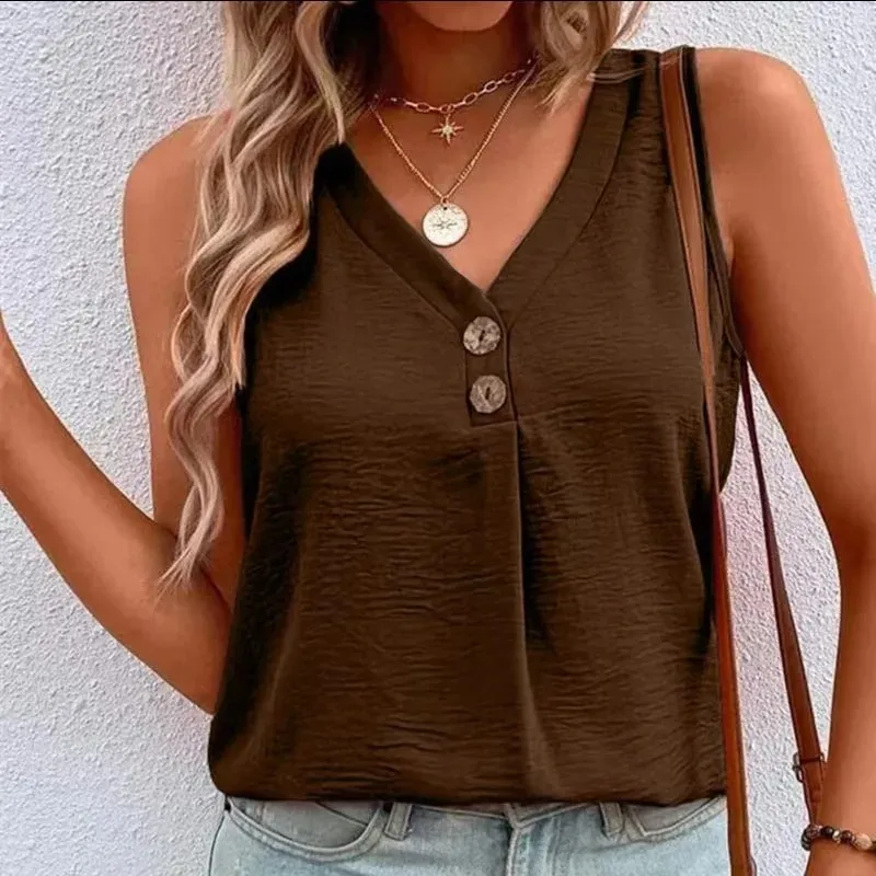 Women's V-Neck Button Tank Top Summer Lightweight Breathe Casual Loose Sleeveless T-Shirt Office Lady Basic Top