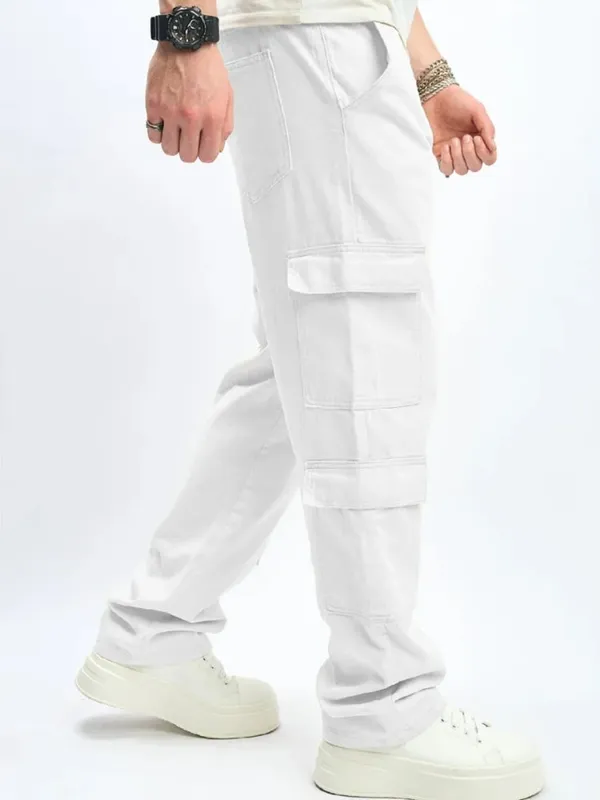 Pánské více kapes Náklad Volné džíny Streetwear Rovné Ležérní Outdoorové kalhoty Pánské oblečení Móda Džínové kalhoty Bílá — image 6