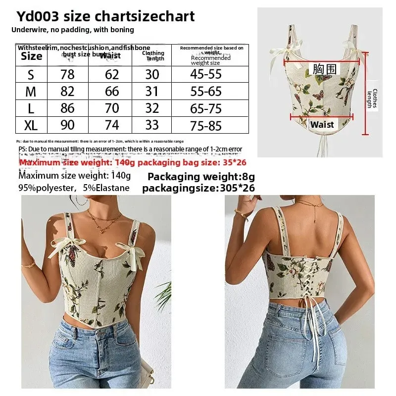Sexy French Floral Print Bra Top Retro Double Strap Chest Support Body Shapewear Vintage Corset