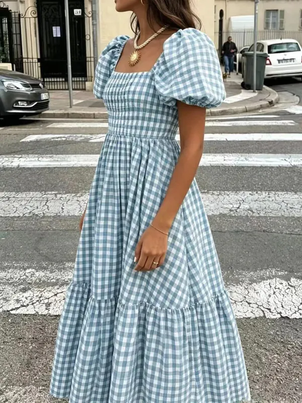 Women's Gingham Maxi Dress Square Neck Puff Sleeve Tiered Ruffle Hem Smocked Waist Casual Long Dress